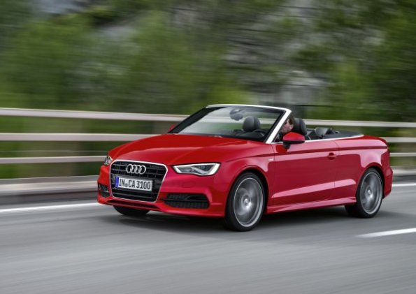 Front- und Seitenansicht des Audi A3 Cabrio Farbe: Misanorot Perleffekt