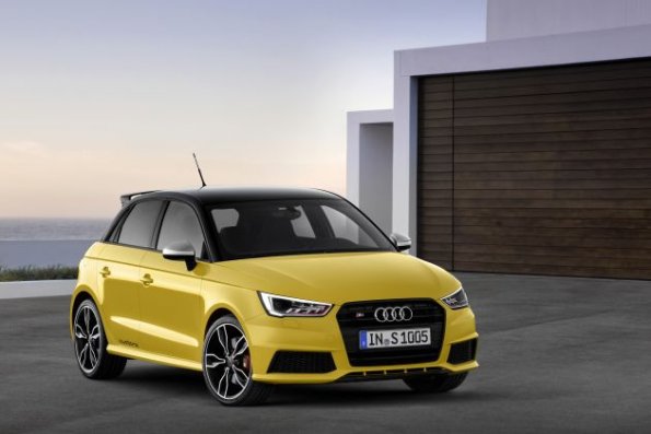 Frontansicht des Audi S1 Sportback , Farbe: Vegasgelb Verbrauchsangaben Audi S1 Sportback:Kraftstoffverbrauch kombiniert in l/100 km: 7,3 - 7,1; CO2-Emission kombiniert in g/km: 168 - 166