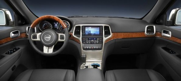 Ein Blick in den Innenraum des Jeep Grand Cherokee: Die Aufnahme zeigt die Armaturentafel und das Cockpit des SUVs