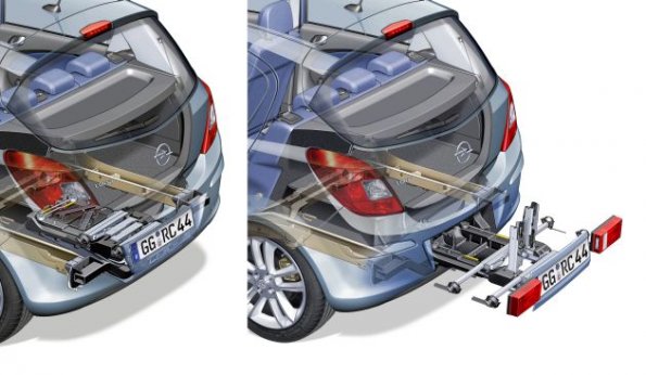 Die schematische Darstellung des integrierten Fahrradtransport-Systems Flex-Fix am Opel Corsa