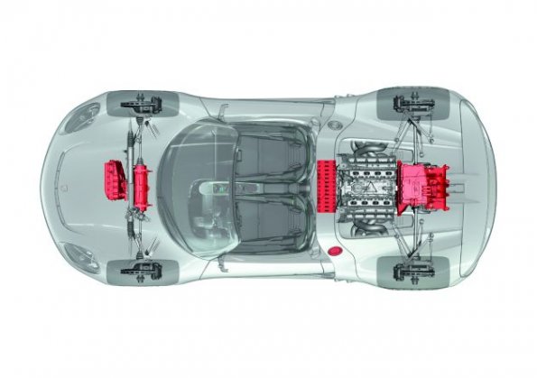 Eine schematische Darstellung von Elektromotoren und Lithium-Ionen-Batterie im Porsche 918 Spyder