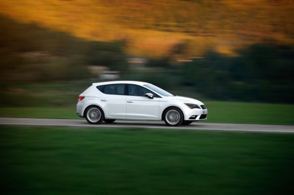 Fahraufnahme mit der Seitenpartie des Seat Leon